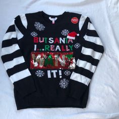 Brand New With Original Tag. Casual Black Christmas Sweater, Christmas Black Crew Neck Sweater, Black Holiday Sweater For Winter, Holiday Black Long Sleeve Sweater, Black Tops For Winter Holiday, Black Tops For Holiday In Winter, Butterfly Sweater, Yellow Crewneck, Sherpa Sweater