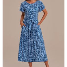 Blue Floral Short Sleeve Round Neck Midi Dress Blue Midi Dress With Tie Waist For Vacation, Casual Blue Midi Dress With Tie Waist, Blue Spring Midi Dress With Tie Waist, Blue Tie Waist Dress For Spring, Blue Dress With Tie Waist For Spring, Blue Midi Dress With Tie Waist For Day Out, Dress With Sleeves, Floral Blue Dress, Floral Short