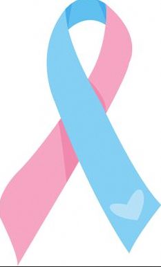 a pink and blue ribbon with a heart on the end is in front of a white background