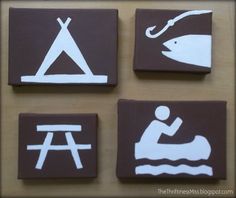 four square coasters with white and brown designs depicting different types of things on them