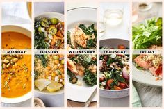 a series of photos showing different types of food and the words monday, wednesday, friday