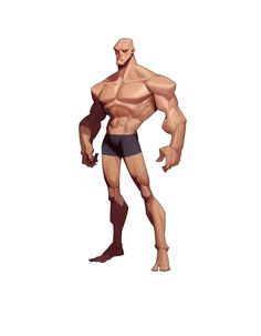 an animated man with no shirt on standing in front of a white background and looking at the camera