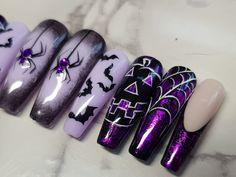 Purple and Black Halloween nails. Spider Webs, Spiders bats and pumpkins makes this set perfect for Halloween. Available in different shapes and lengths. Press on nails are perfect if you don't have the time or possibility to get regular manicure done by a professional. Quick and easy way to have beautiful customized nails done just for you. * The nails on the main photo are done on the BALLERINA shape tips. (Choose your preferred shape from drop down menu) Handmade press on nails. * Matt or shi Halloween Nails Dark Purple, Black And Purple Halloween Nail Designs, Purple Nails Halloween, Halloween Nails Spider, Regular Manicure