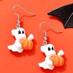 New Halloween Ghost Earrings Pumpkin Dangle Style Cute Party Costume Puffy Gift Brand New In Package No Tags Attached Pair Of White Puffy Ghosts With Pumpkins With Black Eyes Great For Costume School Work Office Party Adult Or Kids Child Great Gift Idea **Check Out My Halloween & Other Great Items** Bundle & Save $$ On Shipping Bottle Earrings, Ghost Earrings, Pumpkin Earrings, Ghost Pumpkin, Sparkle Earrings, Halloween Jewelry, Beaded Dangle Earrings, Resin Pendant, Halloween Ghost