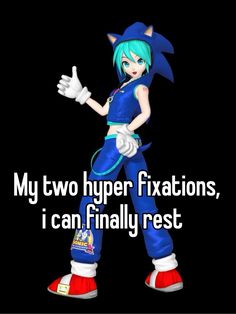 a cartoon character with the words my two hyper fixions, i can finally rest