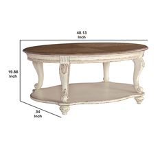 an oval coffee table with measurements for the top and bottom shelf, including one end