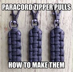 three paracord zipper pulles are hanging on a wooden surface with the caption how to make them