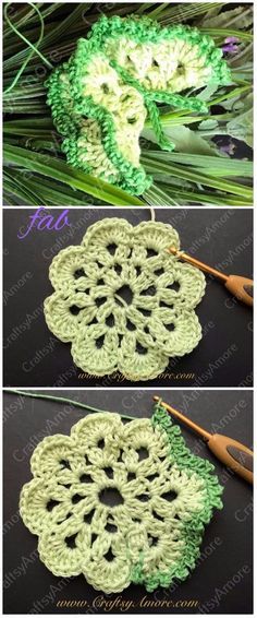 crocheted doily is being made with yarn