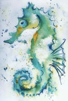 a watercolor painting of a seahorse on white paper with blue and green colors