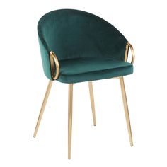 a green velvet chair with gold legs