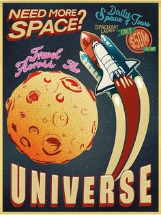 a poster with an image of a space shuttle flying over the moon