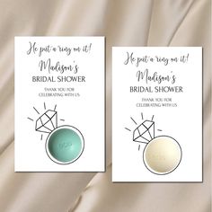 two bridal shower cards with rings on them