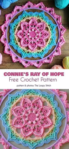 a crocheted doily with the words connie's ray of hope on it