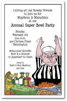 an image of a flyer for a super bowl party with a referee in the background