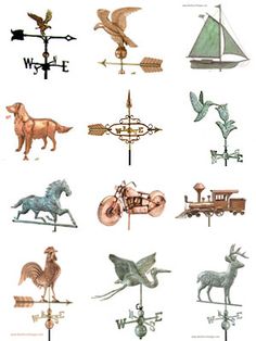 an assortment of metal weather vane designs on white paper with birds, horses, and boats