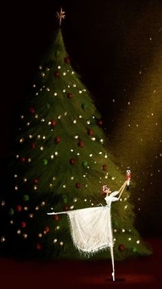 a painting of a ballerina in front of a christmas tree with lights on it