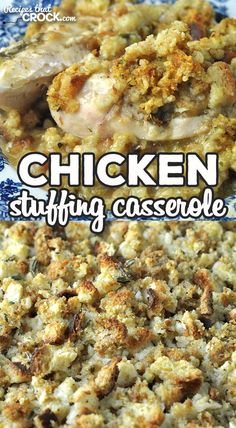 chicken stuffing casserole on a blue and white plate with the words chicken stuffing casserole above it