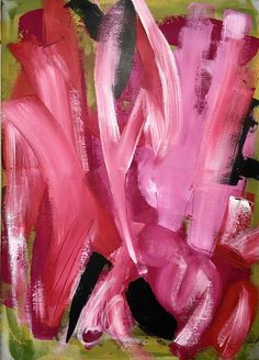 an abstract painting with pink and green colors