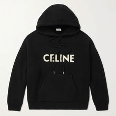 New With Tag Luxury Black Hoodie With Ribbed Cuffs, Luxury Black Hoodie With Double-lined Hood, Luxury Black Hoodie For Fall, Luxury Black Hoodie For Winter, Modern Black Hoodie For Winter, Modern Black Winter Hoodie, Celine Outfit, White Knitwear, Hoodie Outfit Men