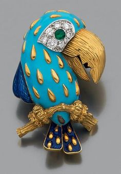 MAUBOUSSIN  Clip "toucan" chiseled yellow gold and blue enamel and light blue turquoise cabochon emerald and diamonds for eyes. Signed and n... Duck Jewelry, The Eyes, Vintage Modern Jewelry, Bijoux Art Nouveau, Safety Pin Brooch, Blue And, Gold And Blue, Art Nouveau Jewelry, Bird Brooch