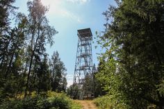 a tall metal tower sitting in the middle of a forest next to a dirt road