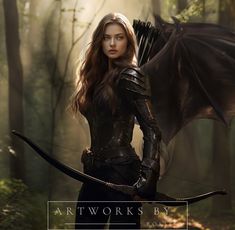 a woman dressed in black holding a bow and arrow with a dragon on it's back