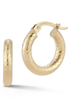 Elevate your everyday ensemble with textured hoops crafted from polished 14-karat gold for added gleam. 0.55" width
 Hinge with snap-post closure
 14k-gold Made in Turkey Classic Hammered Hoop Earrings For Anniversary, Formal Hammered 14k Gold Hoop Earrings, Formal 14k Gold Hammered Hoop Earrings, Textured 14k Yellow Gold Jewelry, Textured Gold Jewelry For Anniversary, Formal Textured Yellow Gold Jewelry, Textured Round Jewelry For Anniversary, Textured Yellow Gold Round Jewelry, Everyday Textured Round Jewelry