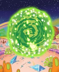 an animated image of a green ball in the middle of a desert with lots of plants