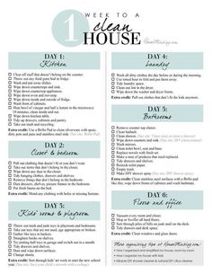 a printable house cleaning checklist with the words clean house written in blue on it