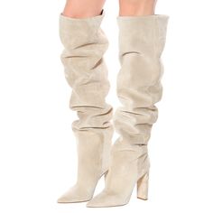 Shop Beige Slouchy Boots Genuine Suede Over-The-Knee Boots with Block heel color Beige for Anniversary, Dancing Club, Party with worldwide Free shipping & Free return. Womens Suede Boots, Popular Boots, Winter Heels, Slouchy Boots, Winter Shoes For Women, Pointed Toe Boots, Slouched Boots, Cowboy Boots Women, Boots Knee