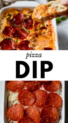 pizza dip is an easy appetizer that's ready to be eaten