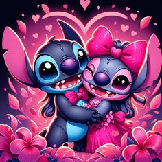 two cartoon characters hugging each other with hearts in the background