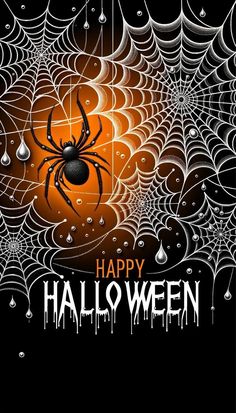 a happy halloween card with spider and web