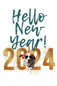 a dog with sunglasses on its head and the words hello new year 2012 written in gold