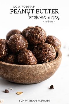 chocolate peanut butter brownie bites in a wooden bowl with text overlay that reads low fodmap peanut butter brownie bites