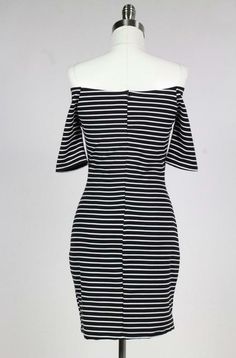 STYLE INFORMATION: It’s hard to top your favorite LBD, but this off-the-shoulder dress does! The Movin' On Baby Off-The-Shoulder Striped Bodycon Dress tops them all! You’ll love the way you look in this bardot dress shoulder bearing little number with half sleeves. Features bodycon off-the-shoulder bodice with striped wrap top and attached half sleeves that complete the awesome dress. DETAILS & CARE: Rayon/Nylon/Spandex. Hand wash cold. Made in the USA. SHIPPING: Orders are processed within 1-2 Fitted Off-shoulder Top For Summer Nights Out, Summer Party Off Shoulder Dress With Boat Neck, Summer Off Shoulder Boat Neck Dress For Party, Fitted Cold Shoulder Off-shoulder Top For Summer, Boat Neck Off-shoulder Dress For Summer Party, Fitted Mini Dress With Boat Neck For Spring, Chic Fitted Off Shoulder Dress With Boat Neck, Chic Off-shoulder Summer Bodycon Dress, Chic Off-shoulder Bodycon Summer Dress