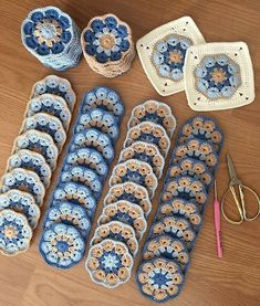 several crocheted items laid out on a table