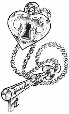 a drawing of a key with a heart shaped lock on it and a chain attached to it