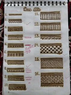 a sheet of paper with different types of decorative designs on it and numbers in each section