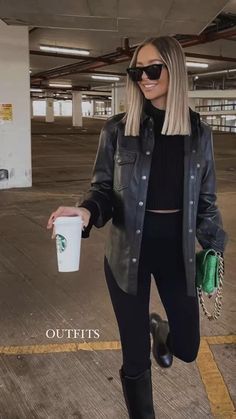 Black Leather Shirt Outfit Ideas, Concert Fall Outfit Ideas, Leather Shacket Outfit Winter, Hot All Black Outfits, Black Leather Button Up Outfit, Leather Button Down Shirt Outfit, Pleather Shacket Outfits, Leather Shacket, Leather Shacket Outfit Women