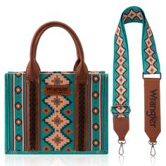 This Wrangler Tote Bag in turquoise is a stylish and practical choice for everyday use. It's crafted from durable canvas and PU leather, trimmed with an Aztec Retro print on both sides for a unique look. It features double round handles, a detachable and adjustable crossbody strap, a top zipper closure, and a zippered pocket and open pockets inside for added convenience. With a total size of 10.5" X 5" X 8.5", it's perfect for carrying all your essentials. Satchel Handbags