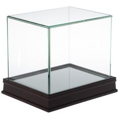 an empty glass box on top of a wooden base with a black base and bottom