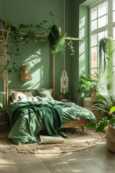 a bedroom with green walls and plants on the bed, hanging from hooks above it