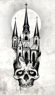 a black and white drawing of a skull with a church in the background