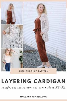 the free crochet pattern for layering cardigan is shown in three different photos