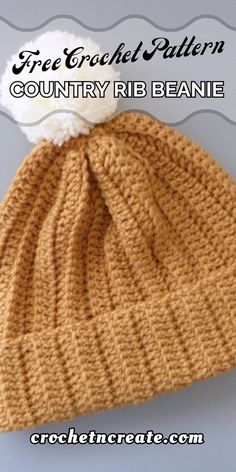 a crocheted hat with a white pom - pom on it and the words free crochet pattern country rib beanie