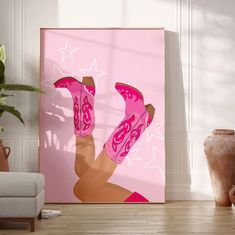 a large pink painting in the corner of a room