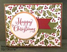 a christmas card with holly and red ribbon