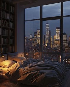 a bedroom with a view of the city at night