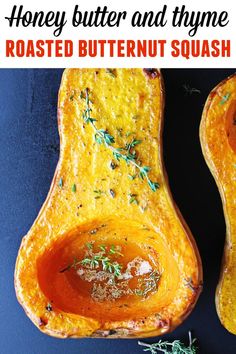 roasted butternut squash with herbs and thyme in the center on a blue surface